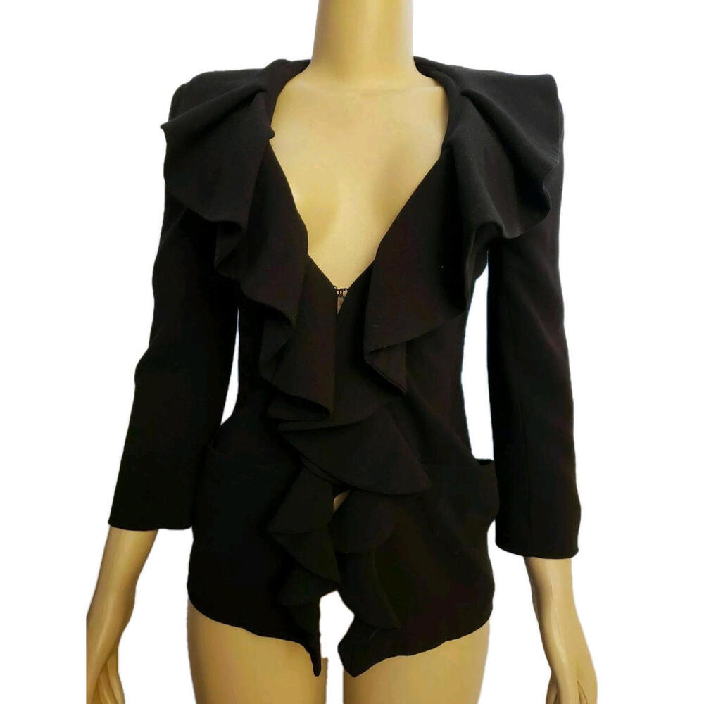 HELENE BERMAN LONDON Ruffled Neck WOMENS BLACK Jacket Long Sleeve XS W/pockets